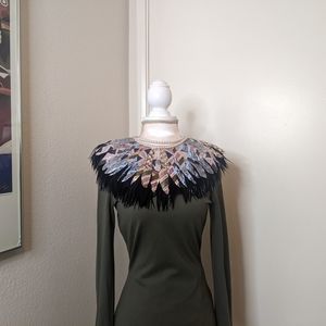 Hand Painted Feather and Genuine Leather Wearable Necklace/ Collar